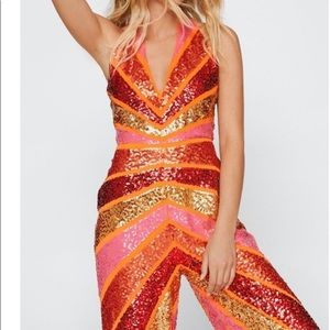 Nastygal sequin color block plunge wide leg jumpsuit